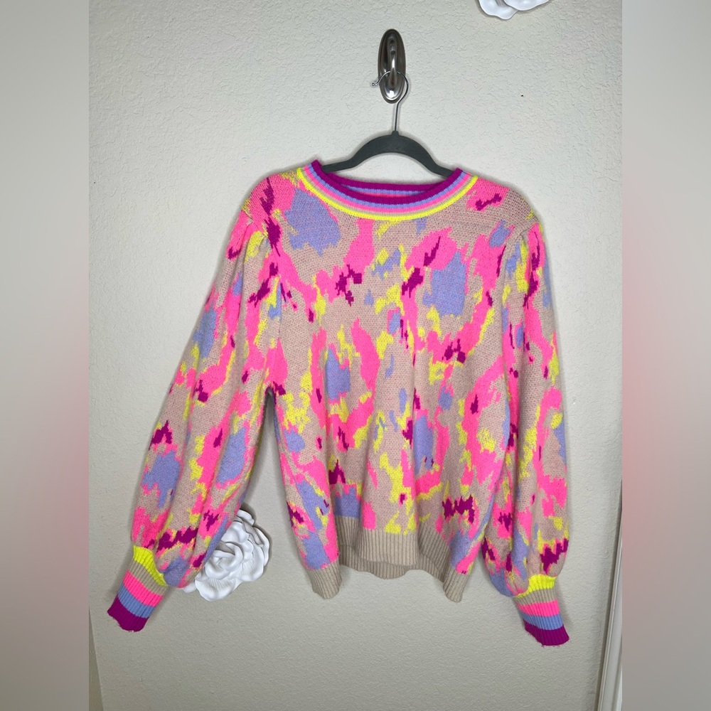 NTM Jodifl Abstract Print Sweater Neon Pink Taupe Balloon Sleeve Pullover Size L - Picture 3 of 16